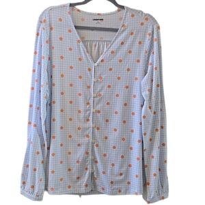 LANDS END BRAND WOMEN'S LONG SLEEVE BLUE & WHITE CHECKERED & DOTS TOP SIZE LARGE